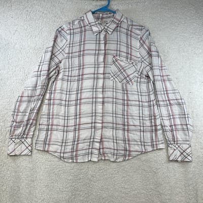 White House Black Market Shirt Womens 6 White Plaid Button Up Rayon Long Sleeve