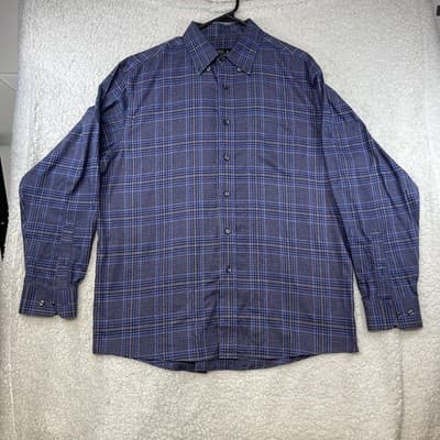 Jos. A. Bank Shirt Mens L Blue Plaid Button Down Cotton Long Sleeve Classic Fit