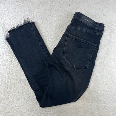 Zara High Rise Skinny Jeans Womens 4 Black Charcoal Wash Distressed Frayed Hem