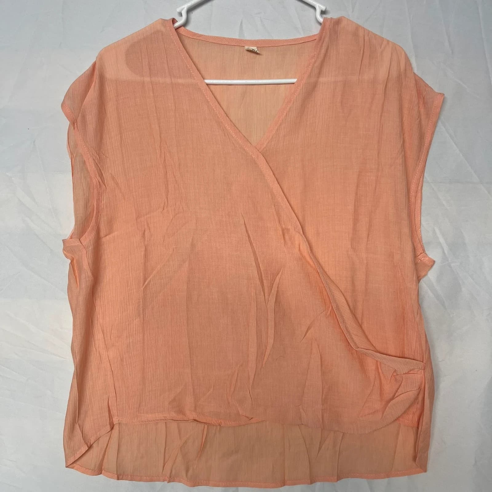 Jin Zi Lai Women's Peach Sheer Faux Wrap Blouse Short Sleeve Top