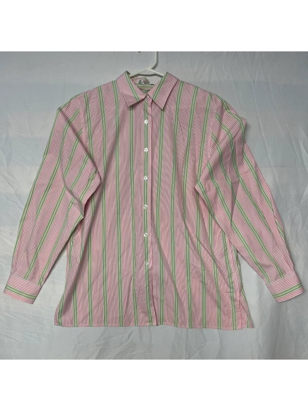 Foxcroft Pink Green Stripe Wrinkle Free Button Front Shirt Size 12
