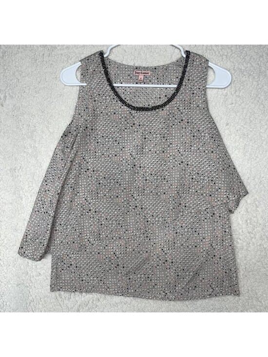 Juicy Couture Sleeveless Beaded Neck Blouse Polka Dot Gray Small