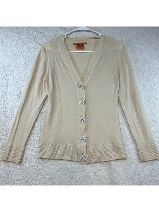 Tory Burch 100% Merino Wool Cream Button Front Cardigan Sweater Medium