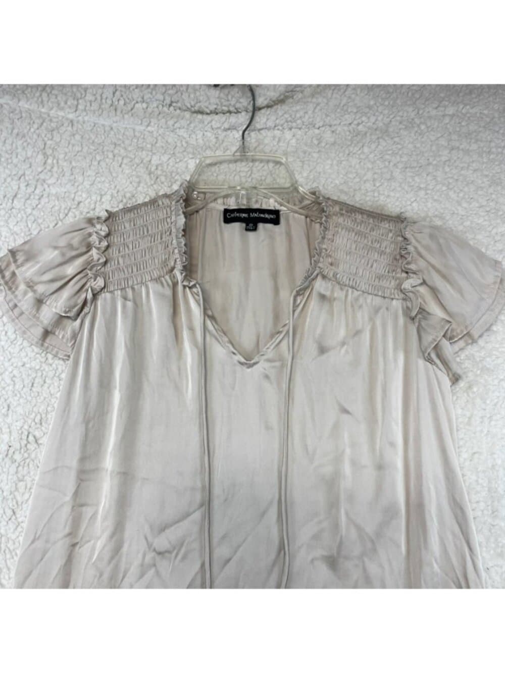 Catherine Malandrino Champagne Satin Smocked Flutter Sleeve Blouse XS
