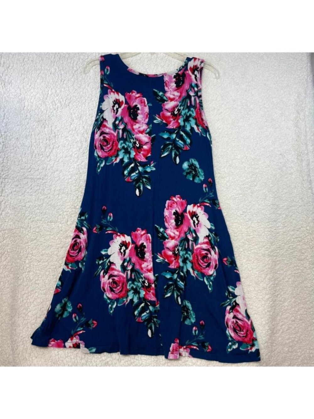 PrinStory Floral Dress Size S – Navy Sleeveless A‑Line Sundress Rayon Blend