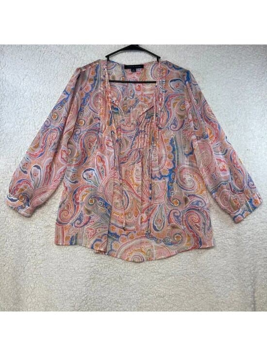 Tommy Hilfiger Paisley Peasant Blouse Women's Small Sheer Tie Neck 3/4 Sleeve