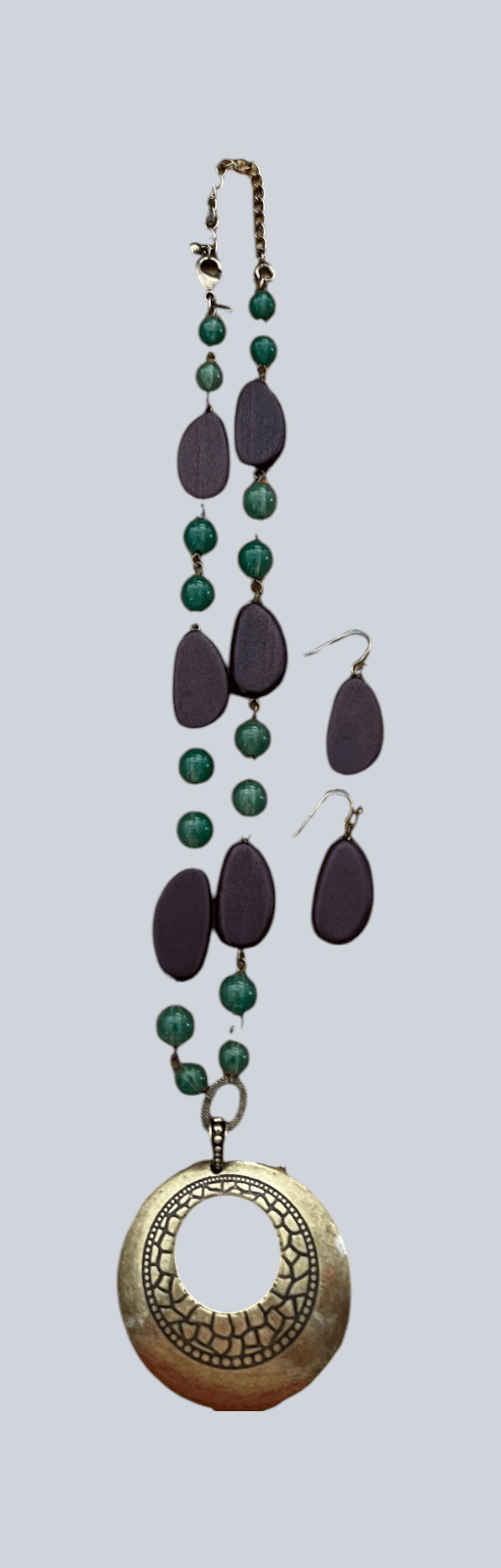 Vintage SAQ Necklace Red Wood & Green Acrylic Beads With Bronze Tone Circle - Image 1