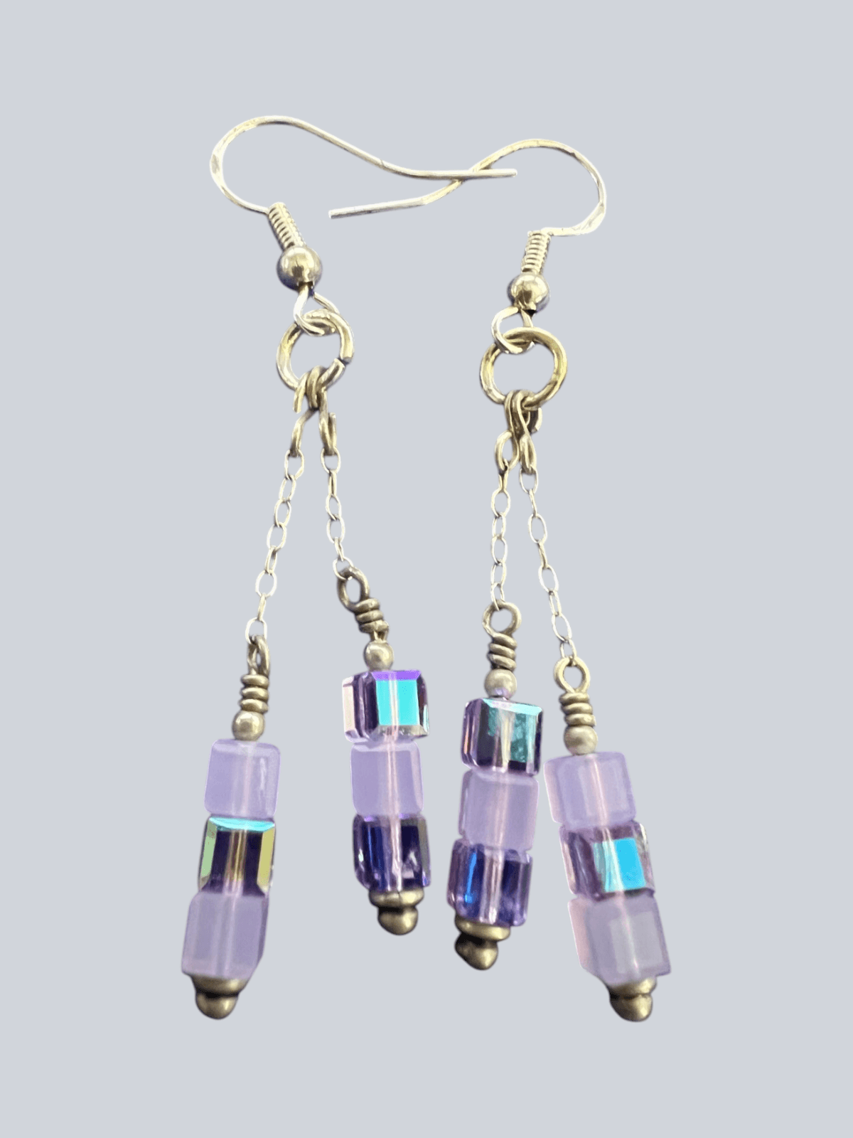 Vintage 60's Light Amethyst Colored Glass Square Bead Earrings - Image 1