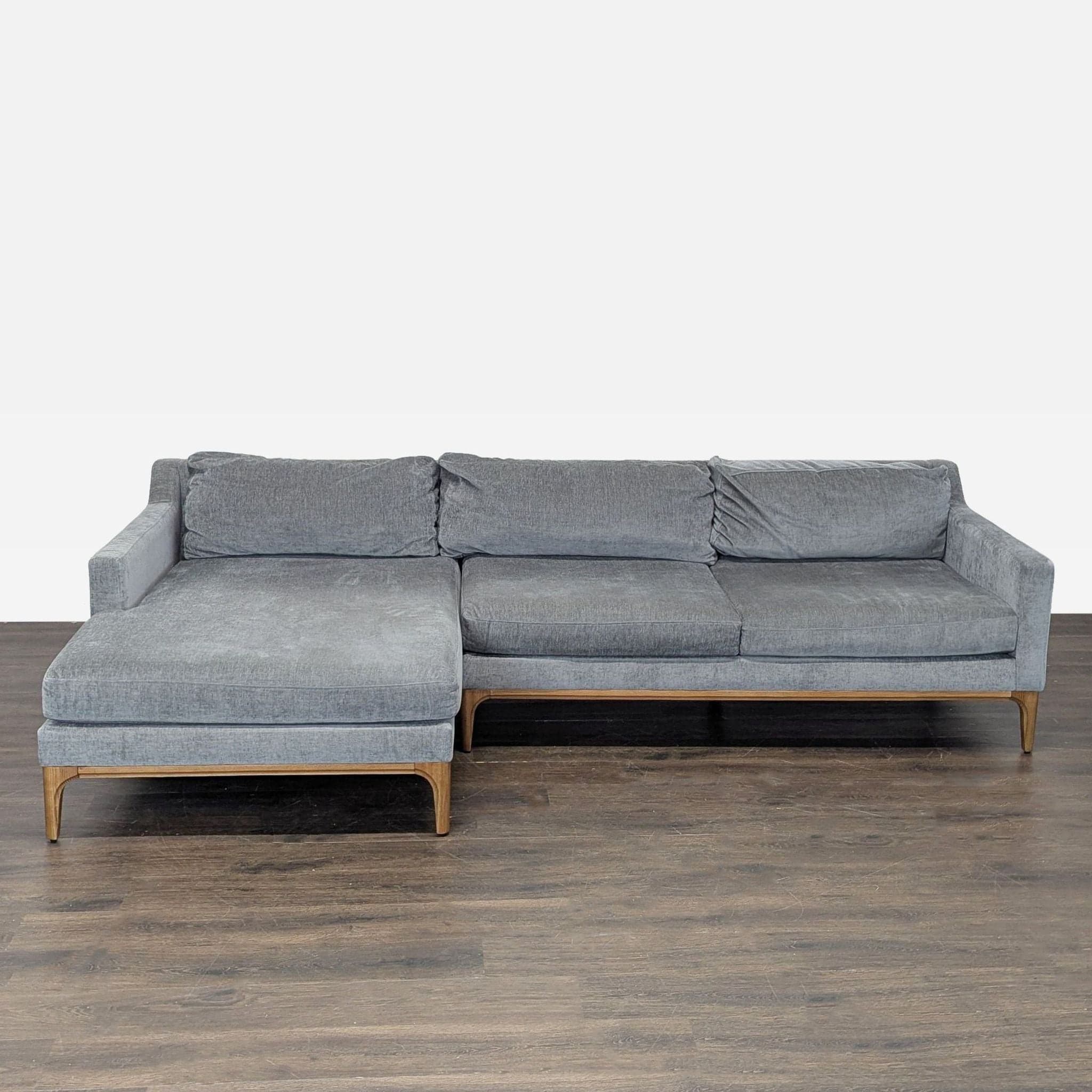 West Elm Parker Gray Sectional Sofa with Chaise and Wood Base