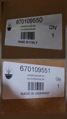 Maserati Genuine Left and Right Intercoolers Set 670109551 and 670109550 New OEM