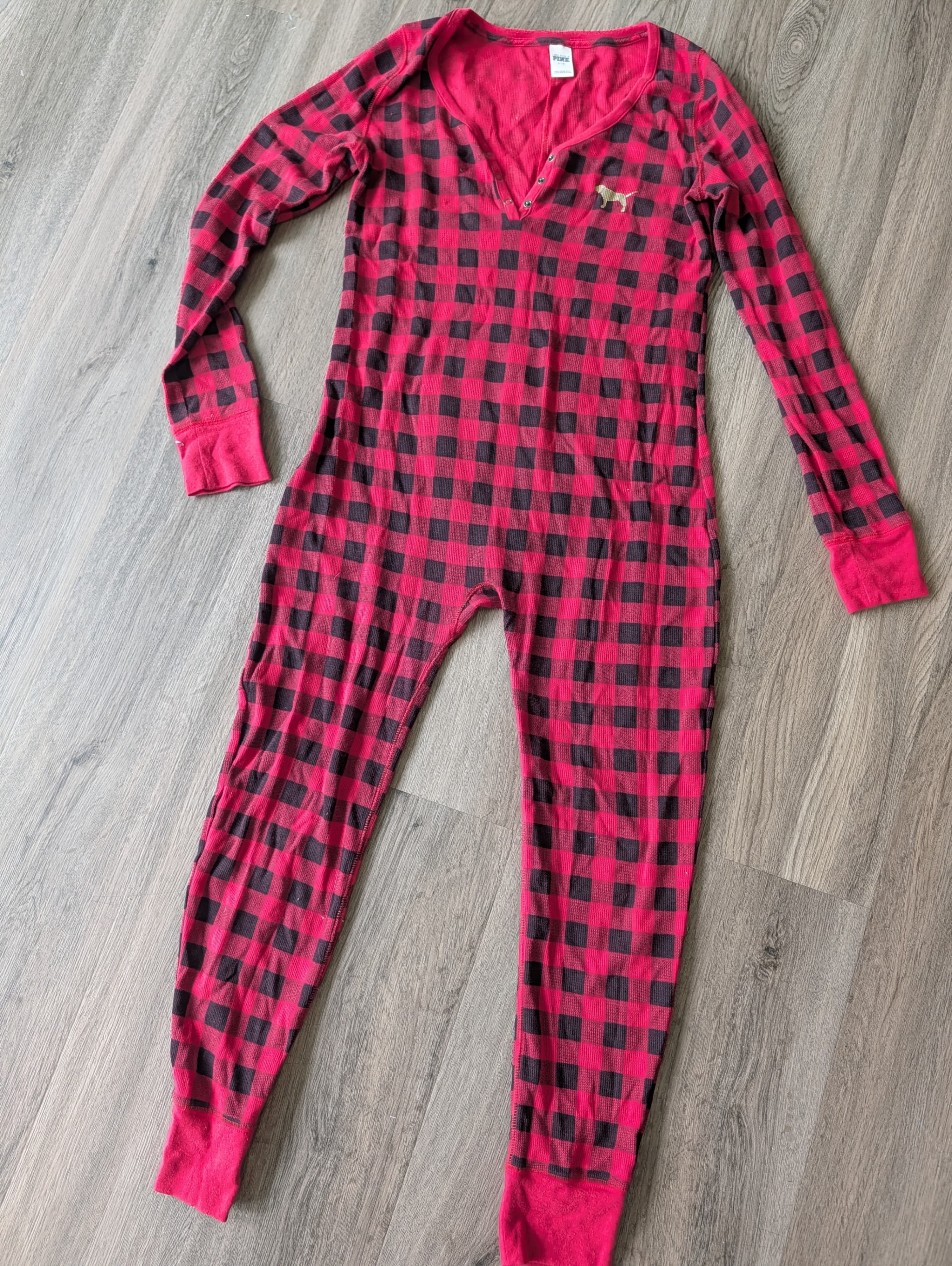 PINK by Victoria Secret Red Flannel Pajama with Gold Accent Flap