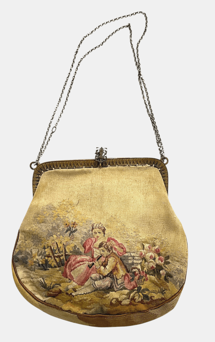 Antique 1920s French Tapestry Evening Handbag with Chain Strap