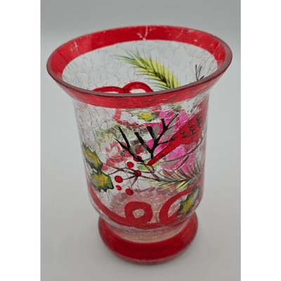 Christmas Holly/Bird Hurricane Candle Holder - Glass, Hand Painted