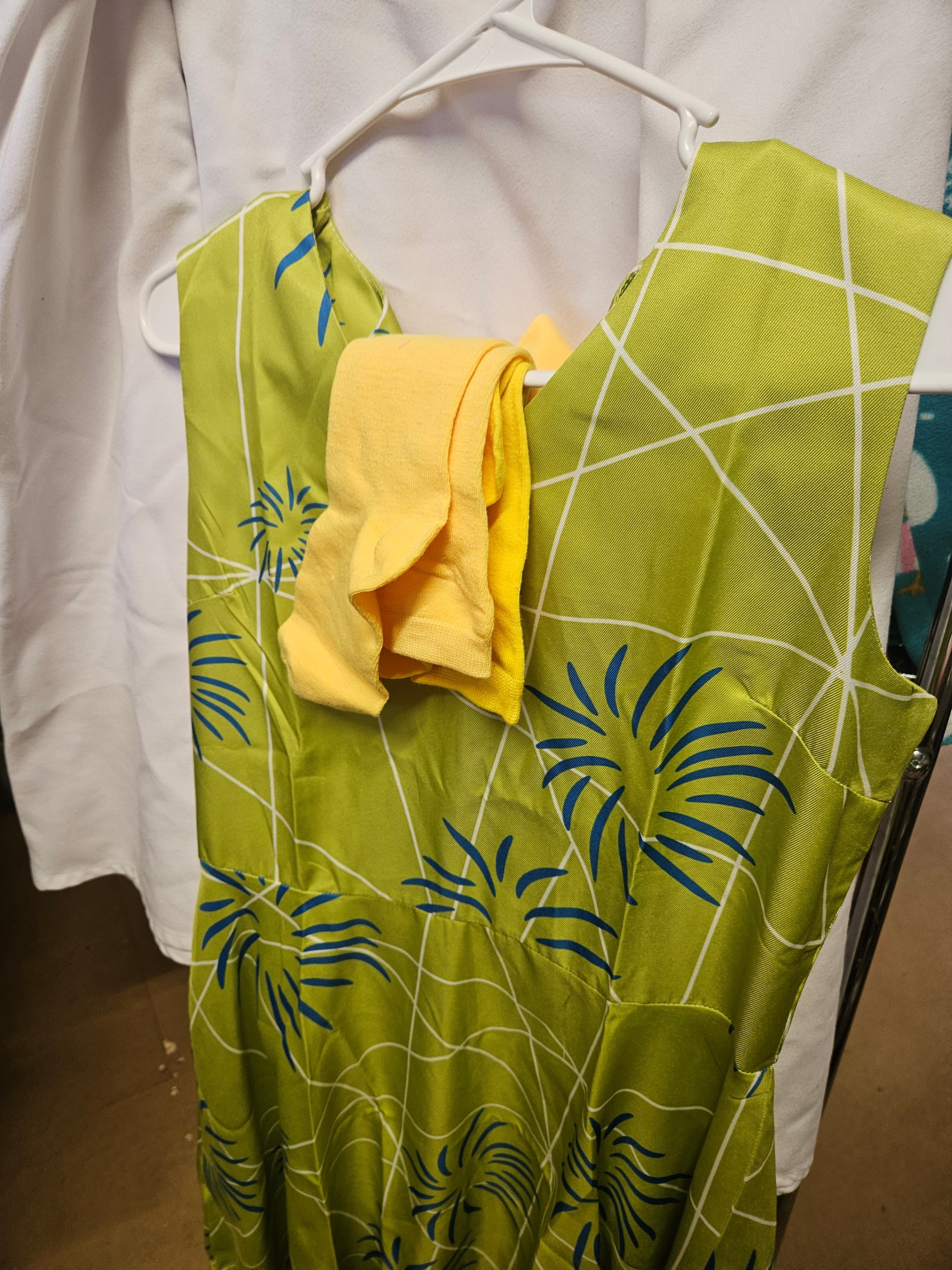 Green Sleeveless Dress with Blue Floral Print,with long yellow socks Size M