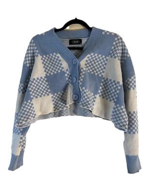 Cider || Blue and White Checkered Cropped Sweater with big blue Buttons || Sz M