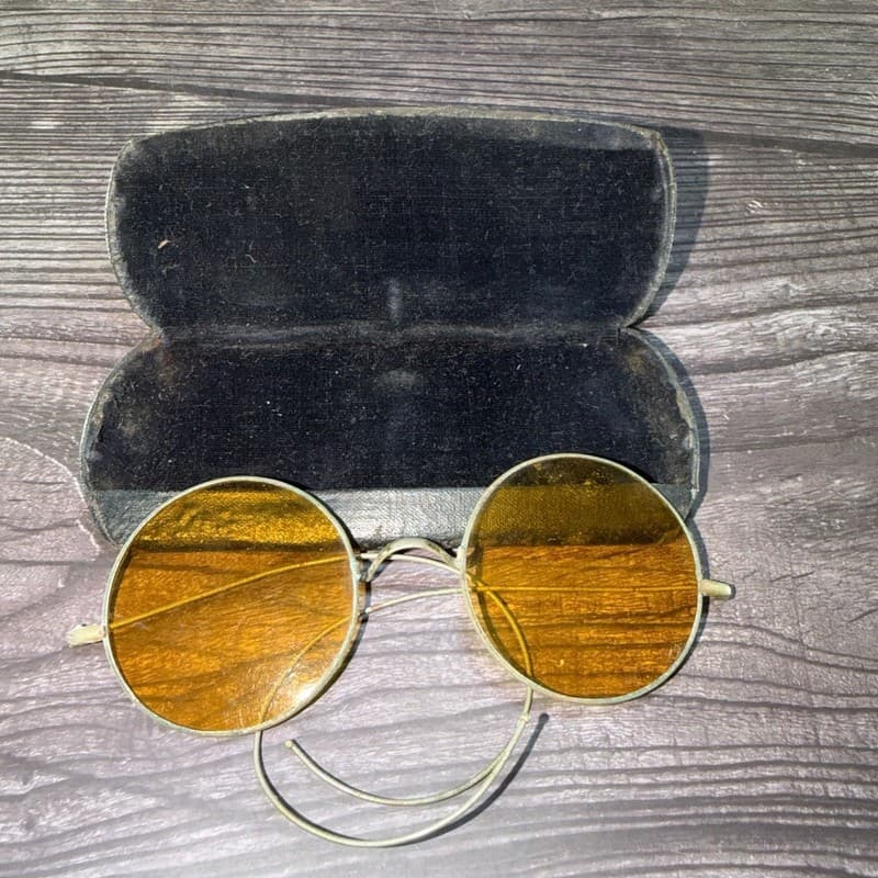 Antique 1910s-1920s Willson Amber Round Lens Shooting Driving Spectacles with Ca