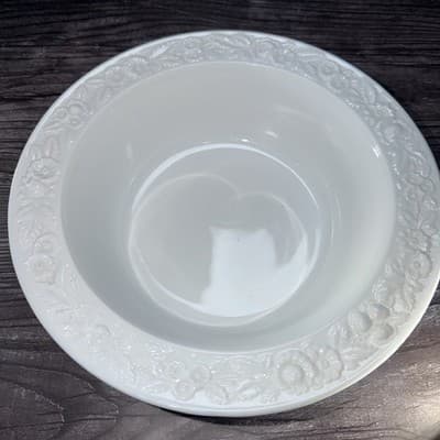 Vintage White Milk Glass VITROCK Raised Flower Rim Large Serving Bowl Heavy