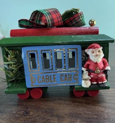 Noma Blue Cable Car Santa String Lightable Wood Christmas Ornament Vintage 3”