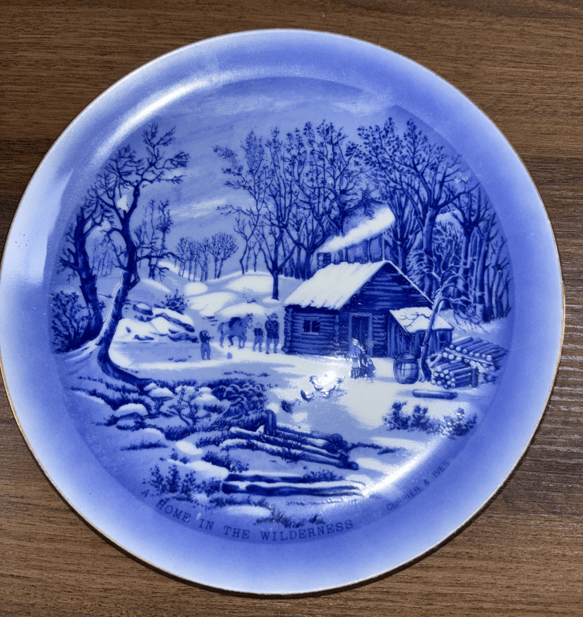 Currier & Ives Collector's Plate " Home in the Wilderness" 8" Wide Blue Flow