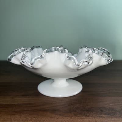 Vintage Fenton Silver Crest White Milk Glass Ruffled Edge 8" Pedestal Bowl