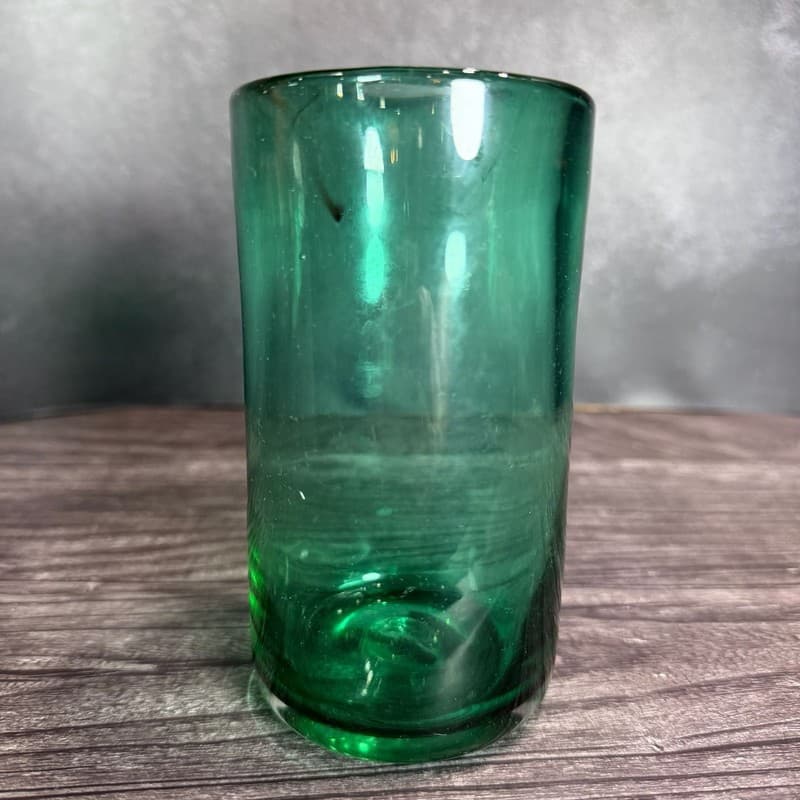 Vintage Mexican Hand Blown Green Bubble Glass Tumbler, 5.5"