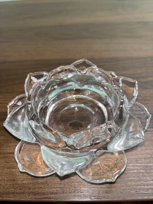 Heavy Glass Blooming Lotus Flower Pillar Medium Candle Holder Hand Pulled Petals