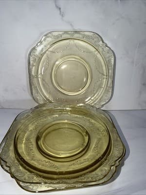 Set Of 3 Federal Madrid Amber Depression Glass 5 3/4” Square Saucers