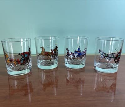Set of 4 On The Rocks Horse Carriage Coach Glasses 3.5" Cab Tilbury Calche VTG