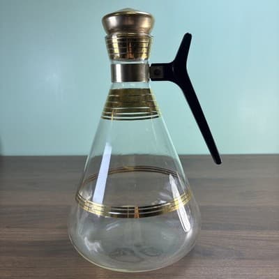 Vtg MCM Atomic Inland Glass Coffee Carafe Gold Plating Stripes W/Cork Stopper Lg