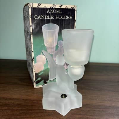 LE Smith Frosted Glass Angel Votive Cup Candle Holder 5.5" Tall Vintage Star