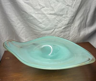 Vintage Hand blown Art Glass Dish Sea Foam Green Art Deco Abstract Swirls