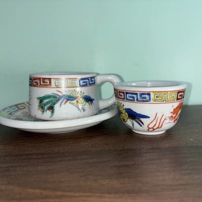 Vintage F.S. Louie Berkeley Oregon Tea Cup Saucer Coffee Mug Dragon Peacock Chip
