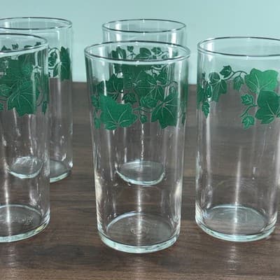(6) VTG Federal Glass Southern Ivy Leaf Tumbler Glasses Country Kitchen Table