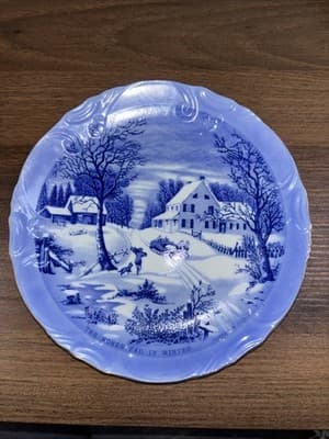 Vintage The Homestead in Winter Currier & Ives, Blue White Plate 8" Japan