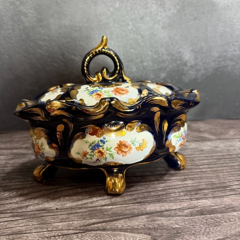 MICA Italy Cobalt Blue Gilt Floral Footed Trinket Box 1498