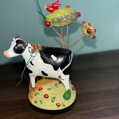 Black & White Holstein Milk Cow Ornament 4” High 3.5" Wide Tree With Red Bird