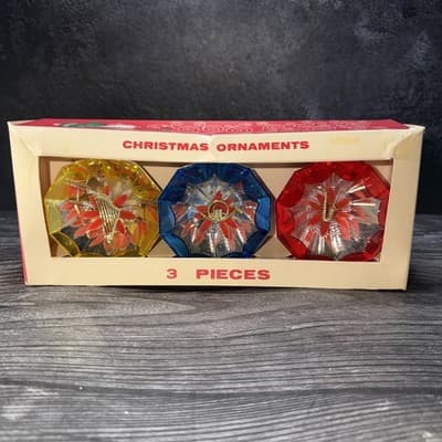 VTG Christmas Jewelbrite Unbreakable Reflector Jumbo Diorama Ornaments in Box