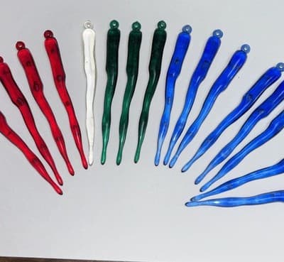 Vintage 4” Hard Plastic Icicle Ornament Lot Of 16 red clear blue green Bubble