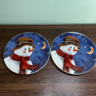 Set Of 2 Rainbow Mountain Snowman Under The Moon 10” Plates Christmas 1997