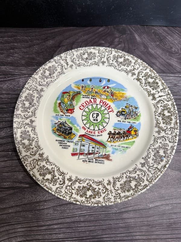 Vintage Cedar Point Souvenir Plate with Gold Filigree Rim, 9 Inch