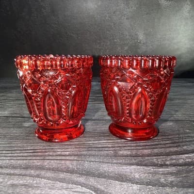 Vintage Votive Flash Painted Glass 4" Candle Holders Set of 2 Red