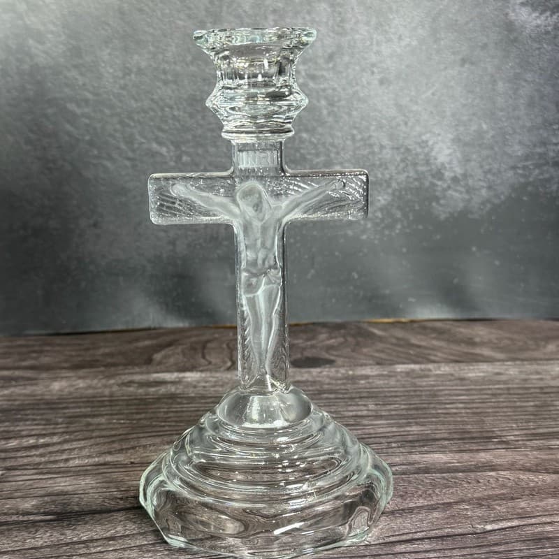 Hoffman Vintage Clear Glass Crucifix Jesus Candlestick Holder 8"