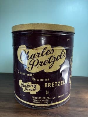 Vintage Charles Chips, Charles Pretzels Extra Large Tin Calhoun KY Mountville PA