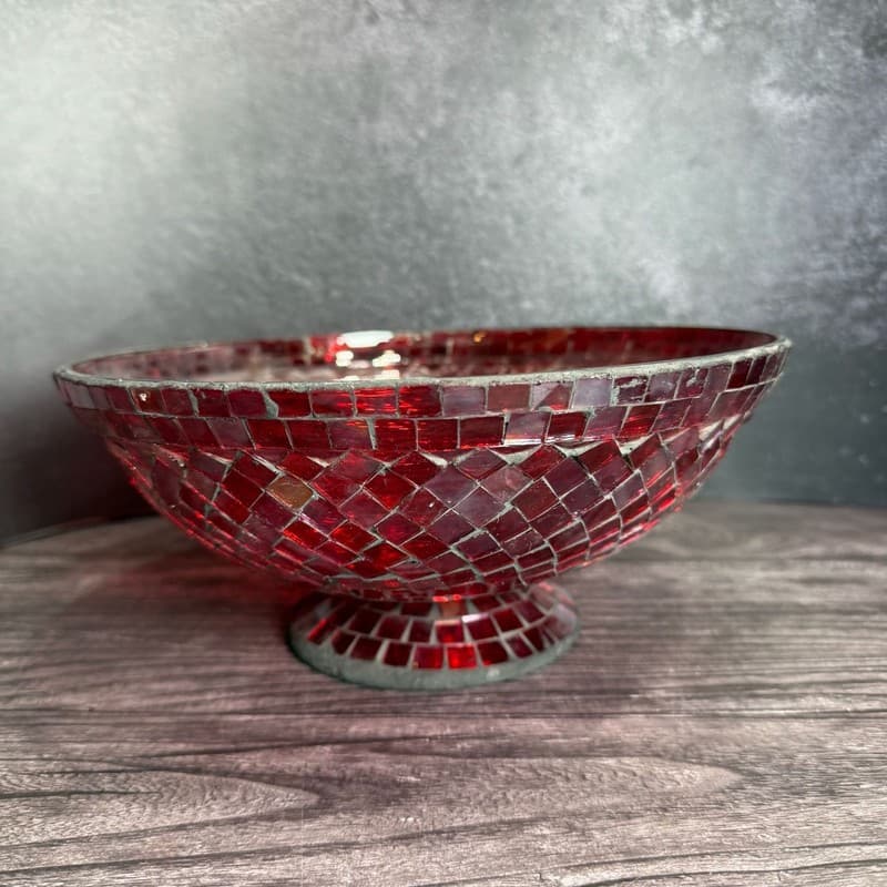 Vintage Red Glass Mosaic Footed Pedestal Decorative Centerpiece Bowl