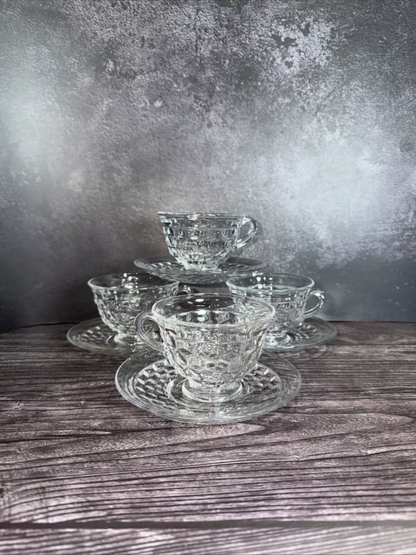 Vintage Fostoria American Clear Crystal Tea Cups and Saucers Set of 4