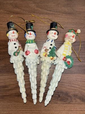 Vintage Set of 4 Whimsical Snowman Icicle Shaped 7” Christmas Ornaments