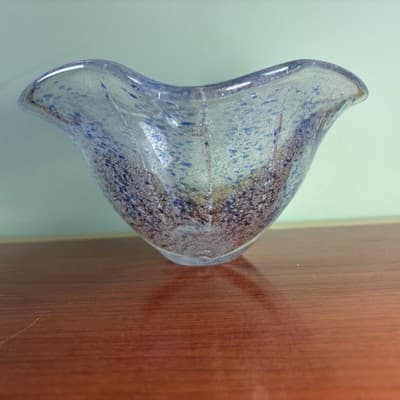 VINTAGE ART GLASS Hand Made Pale BLUE WITH Silver FLAKE WAVE BOWL