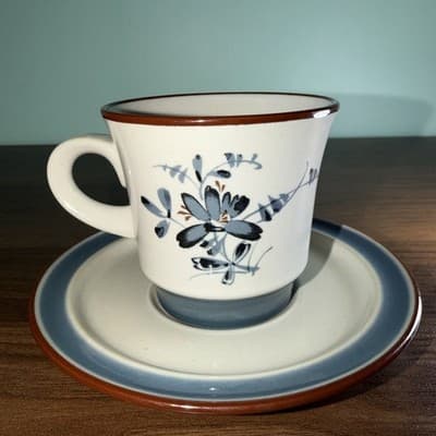 NORITAKE STONEWARE PLEASURE #8344 Coffee CUP & SAUCER SET Blue Brown Replacement