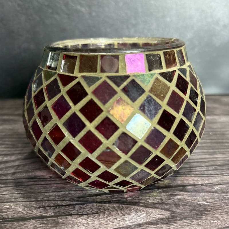 Vintage Red Mosaic Stained Glass Votive Tea Light Candle Holder