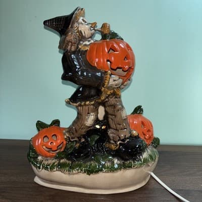 VTG Large Scarecrow Jack O Lantern Ceramic Pumpkin Base Lighted w/Cord Halloween